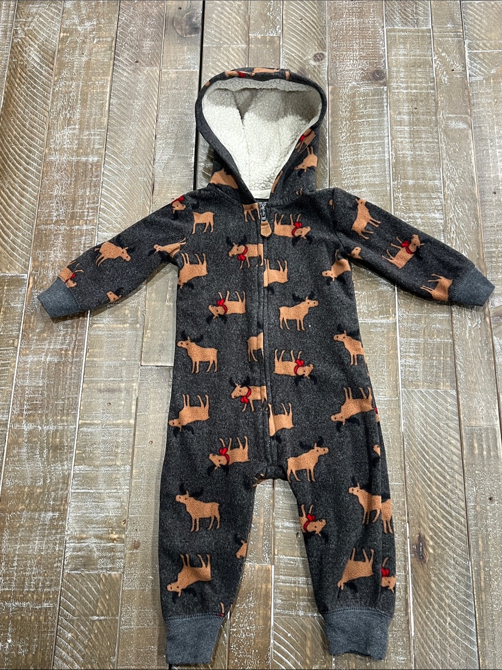 Cozy Charcoal Moose Hooded One-Piece Bodysuit